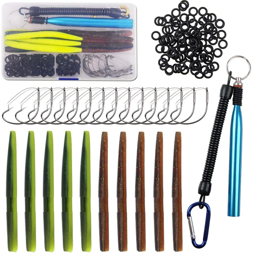 Wacky Rig Worm Hooks Angelwerkzeug-Set – Wacky Worms, Wacky O-Ringe, Wacky Rig Tool, Wacky Weedless Hooks Soft Stick Bait Fishing