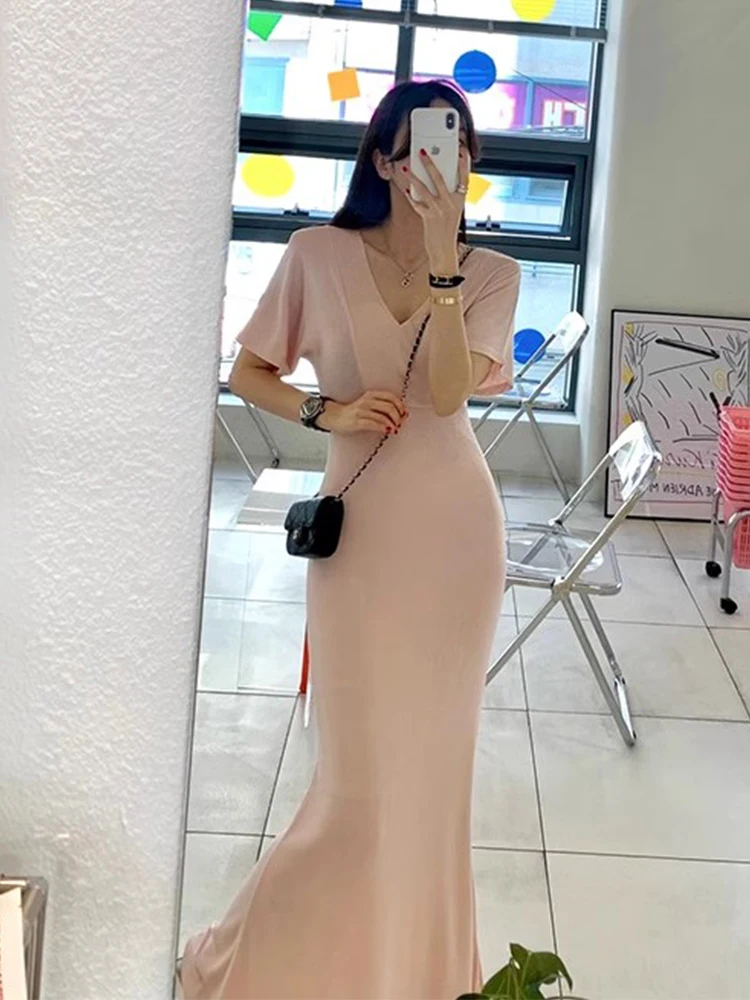 エレガントな夏の新スタイル V ネック痩身膝丈半袖フィッシュテールドレス女性のファッション通勤コットンドレス