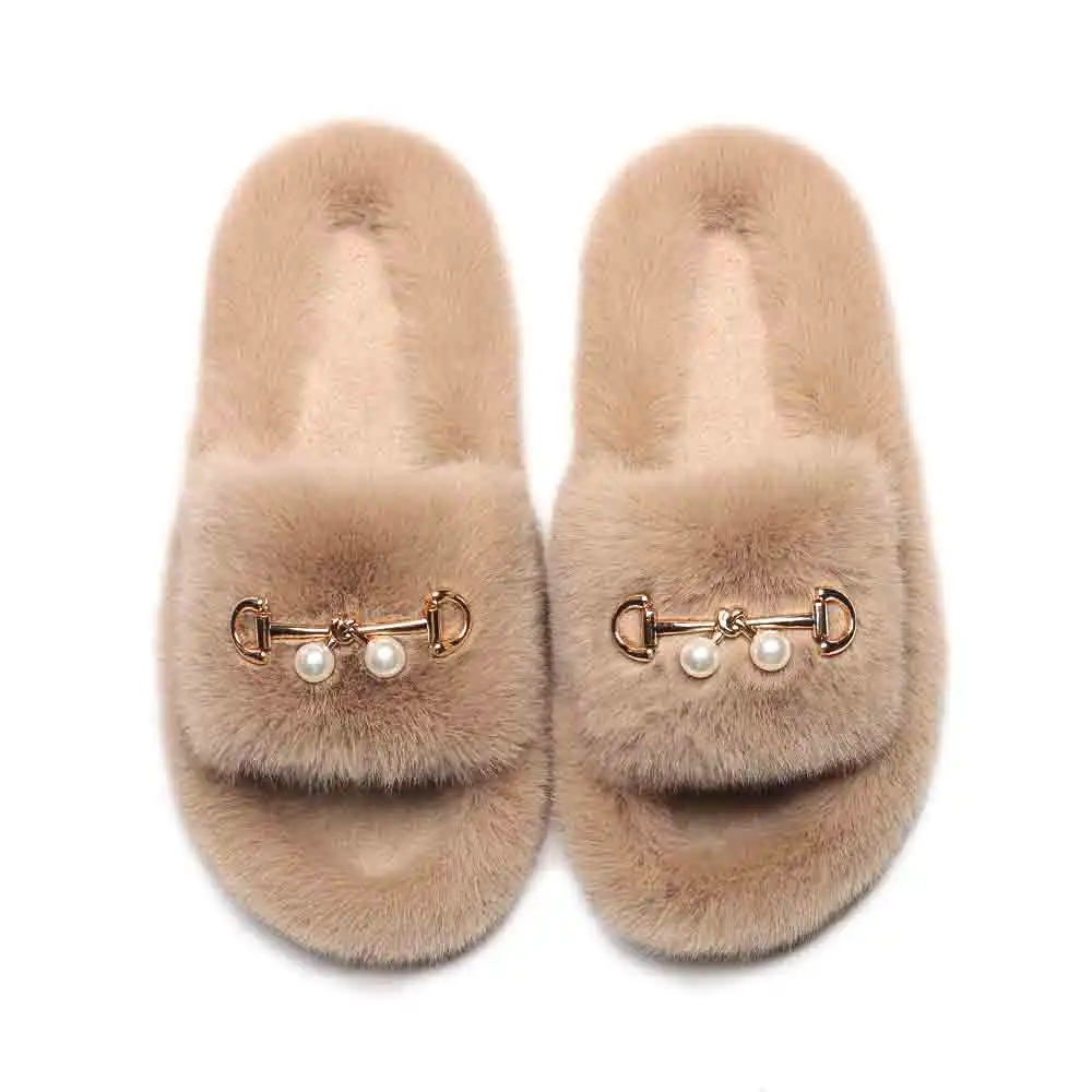 Ladies Fur Home Slippers Fluffy Diamond Crystal Wheat Design Footwear Female Fur Warm Shoes Footwear Plush Winter Indoor Slides