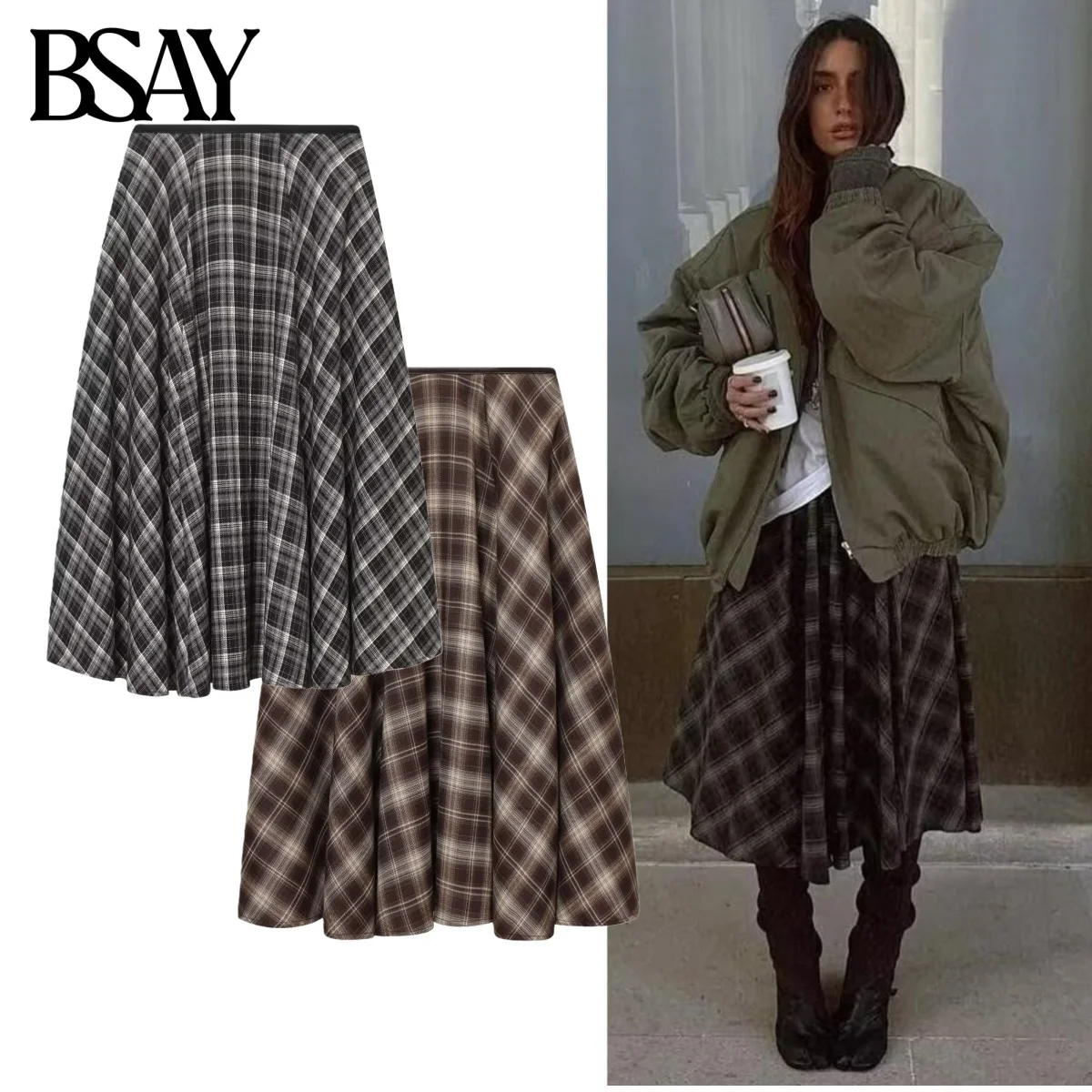 

BSAY Loose Plaid Umbrella Skirt for Women Fashion Autumn Winter Side Zip Chic Female High Waist Elegant A-line Long Skirts Mujer