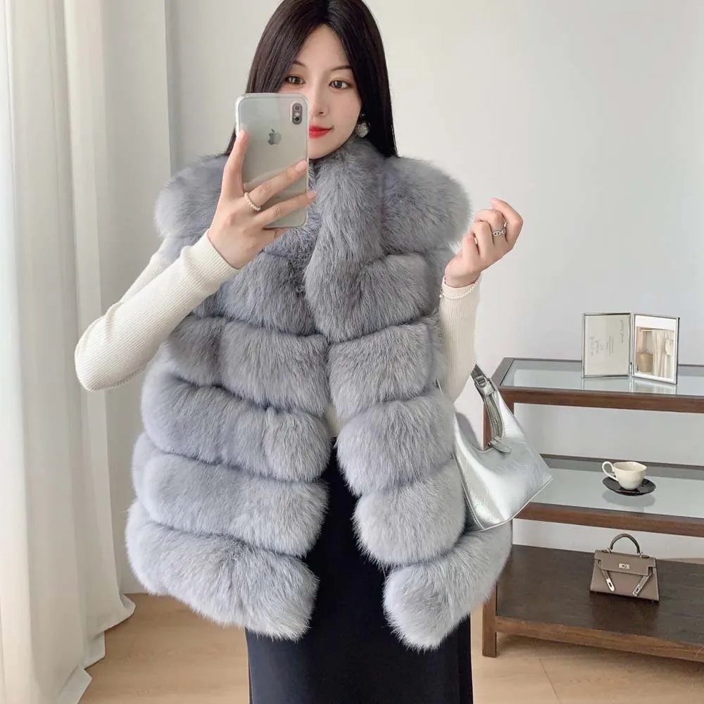 سترة من فرو الثعلب الحقيقي الطبيعي بدون أكمام للشتاء الدافئ سترة من الفرو الطبيعي معاطف من فراء الثعلب