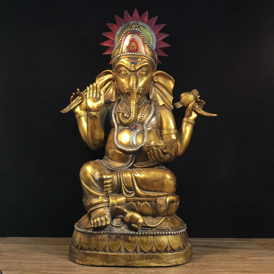 

29"Tibetan Temple Collection Old Bronze Painted Cinnabar GANESH Buddha Elephant nosed God of Wealth Worship Hall Town house