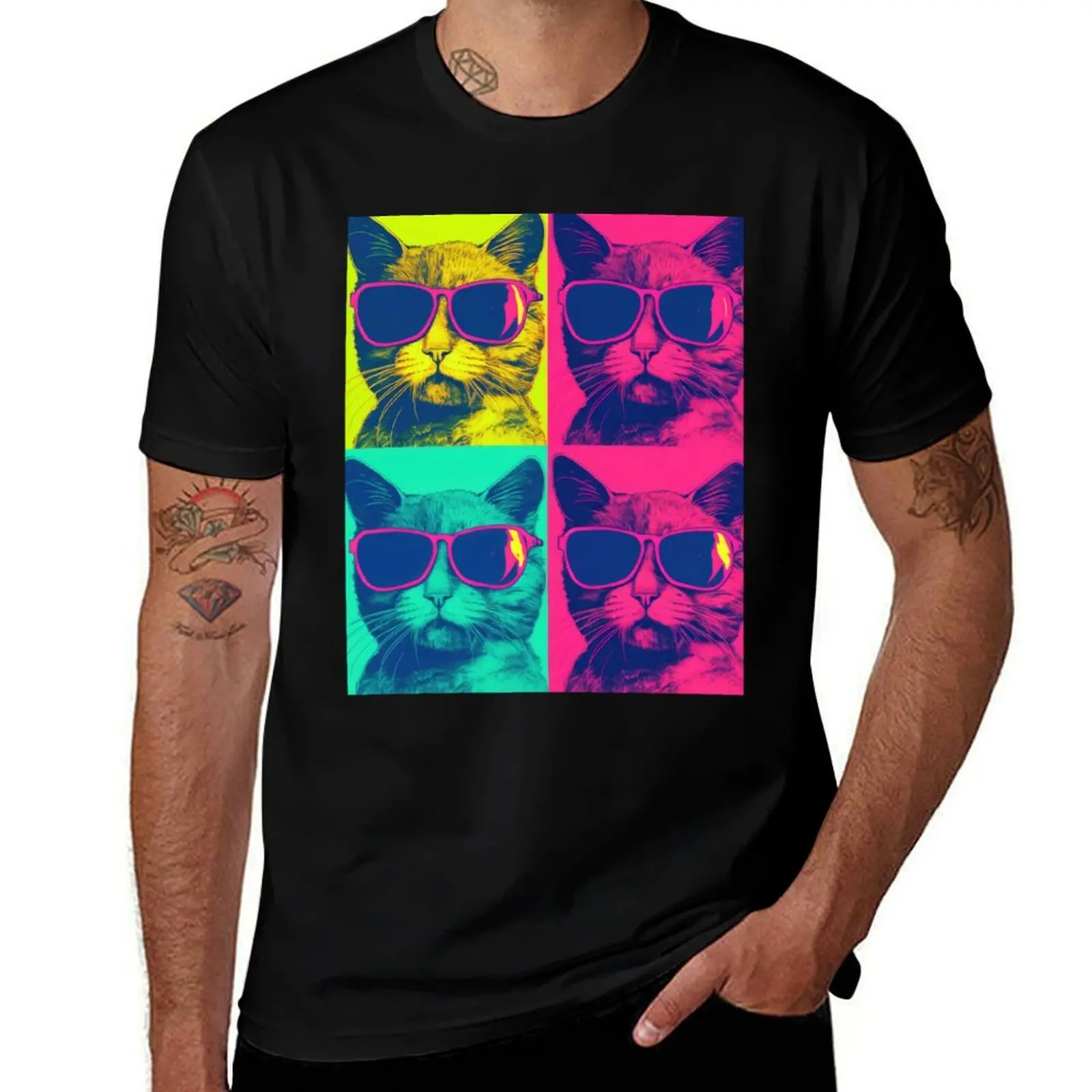 

andy warhol cute cat wear neon sunglasses T-Shirt kawaii clothes cotton man t-shirts tops sublime mens workout shirts