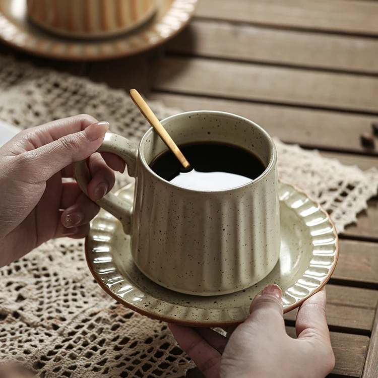 Japanese Retro Vintage Kiln Transformed Coffee  Ceramic Exquisite Plate Set Household Vertical Grain Cup Set