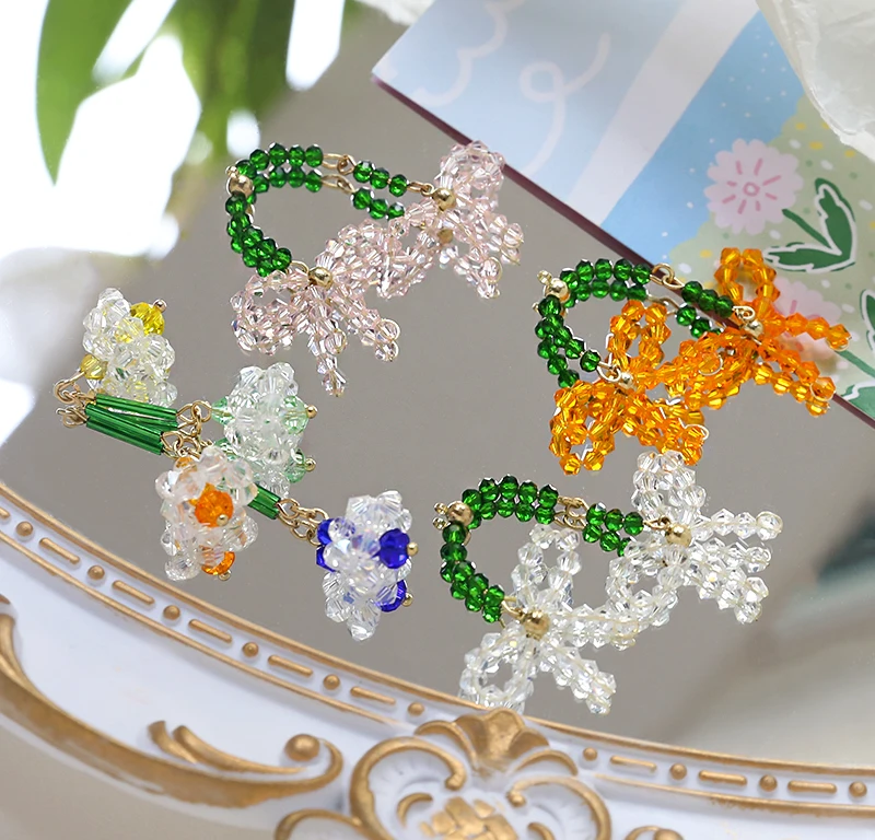 4pcs Ins Niche Crystal Woven Flower Glass Pendant Diy Handmade Jewelry Beaded Earrings Pendant Accessories Material Charms