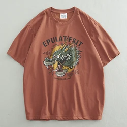8001# 2024 Summer New American Retro Short Sleeve O-neck Dragon Head Printed T-shirt Men's Fashion Washed Casual Loose Tops