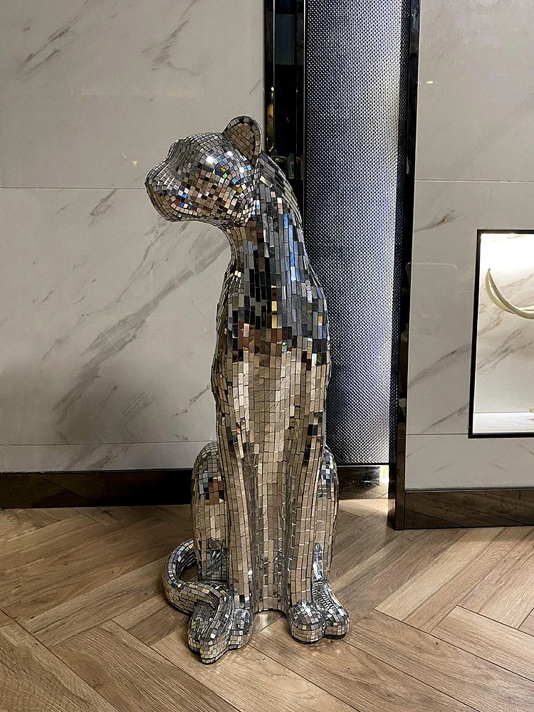 Home Decor Pure Handmade Mosaic Glass Leopard Statue Animal Cheetah Sculpture Ornaments Large Floor Decoration Luxury Handicraft