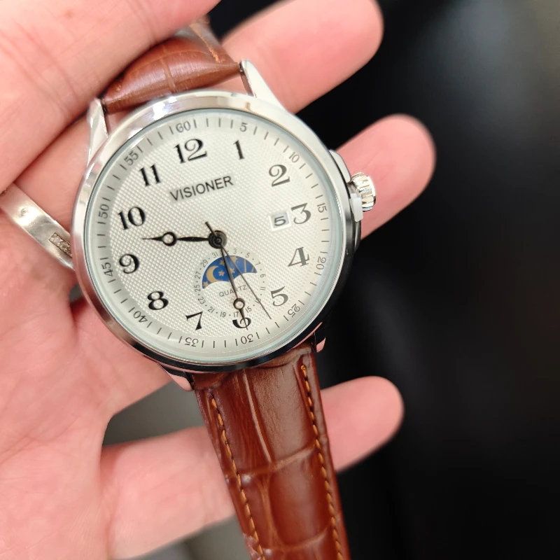 

ГОРЯЧАЯ распродажа! Кварцевые мужские часы, деловые классические модные наручные часы, часы с циферблатом Sun Moon Star, круглый кожаный ремешок, кварцевые часы с датой