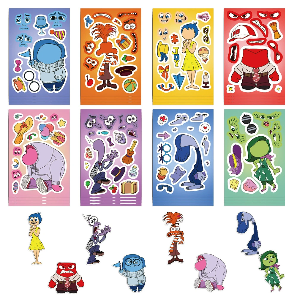 8/16Sheets Disney Inside Out 2 Puzzle Children Puzzle Stickers Game Make a Face Jigsaw For Boys Girls Children Educational Toys