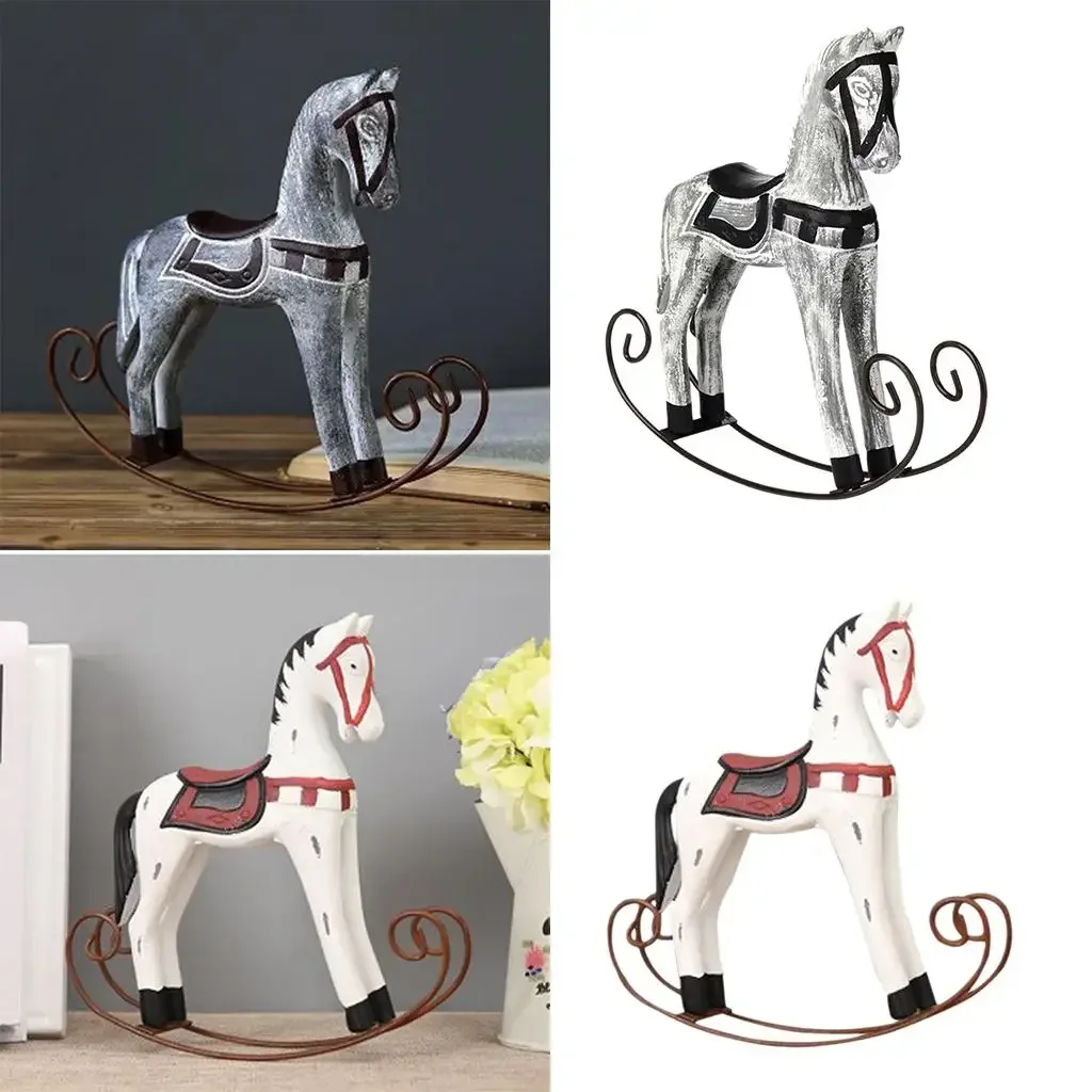 

Nordic Wood Painted Animal Carving Hotel Shop Wood Crafts Decoration Home Desktop Shake Horse Decoration Adornment Crafts