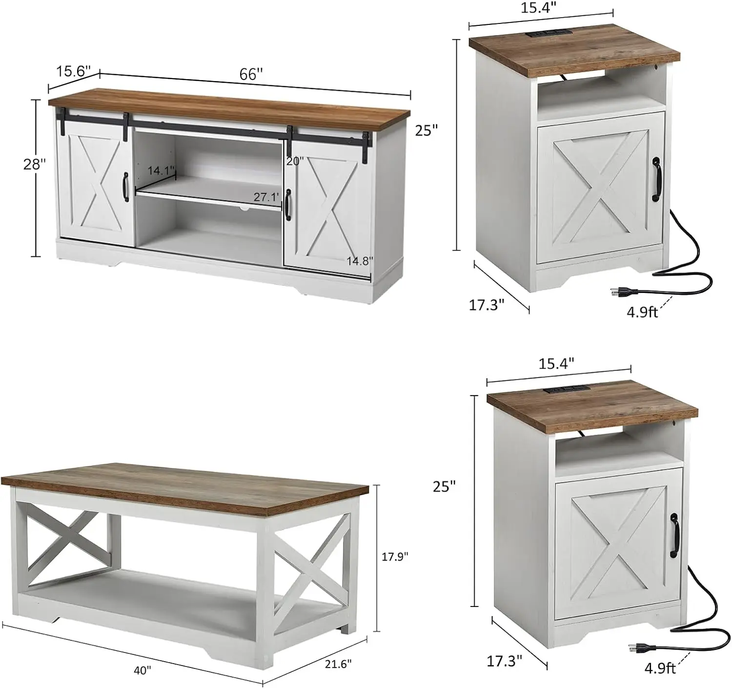 AMERLIFE 4-Piece Farmhouse Table Set Includes Sliding Barn Door TV Stand for Living Room, Bedroom, Distressed White, 66