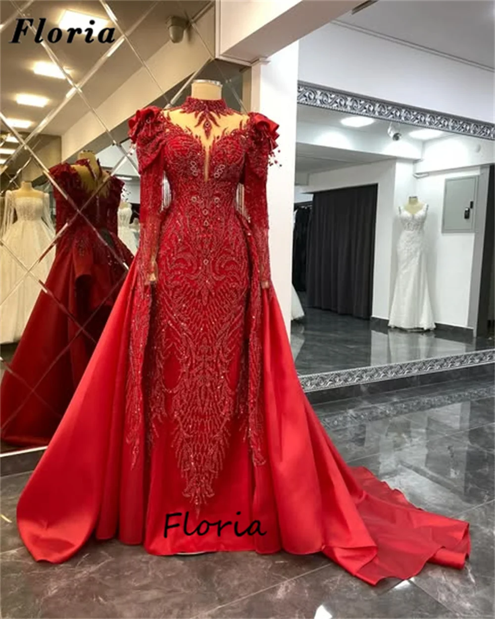 

Burgundy Beading Prom Dresses With Overskirt Middle East Mermaid Evening Dress For Women Long Wedding Party Gowns Customized