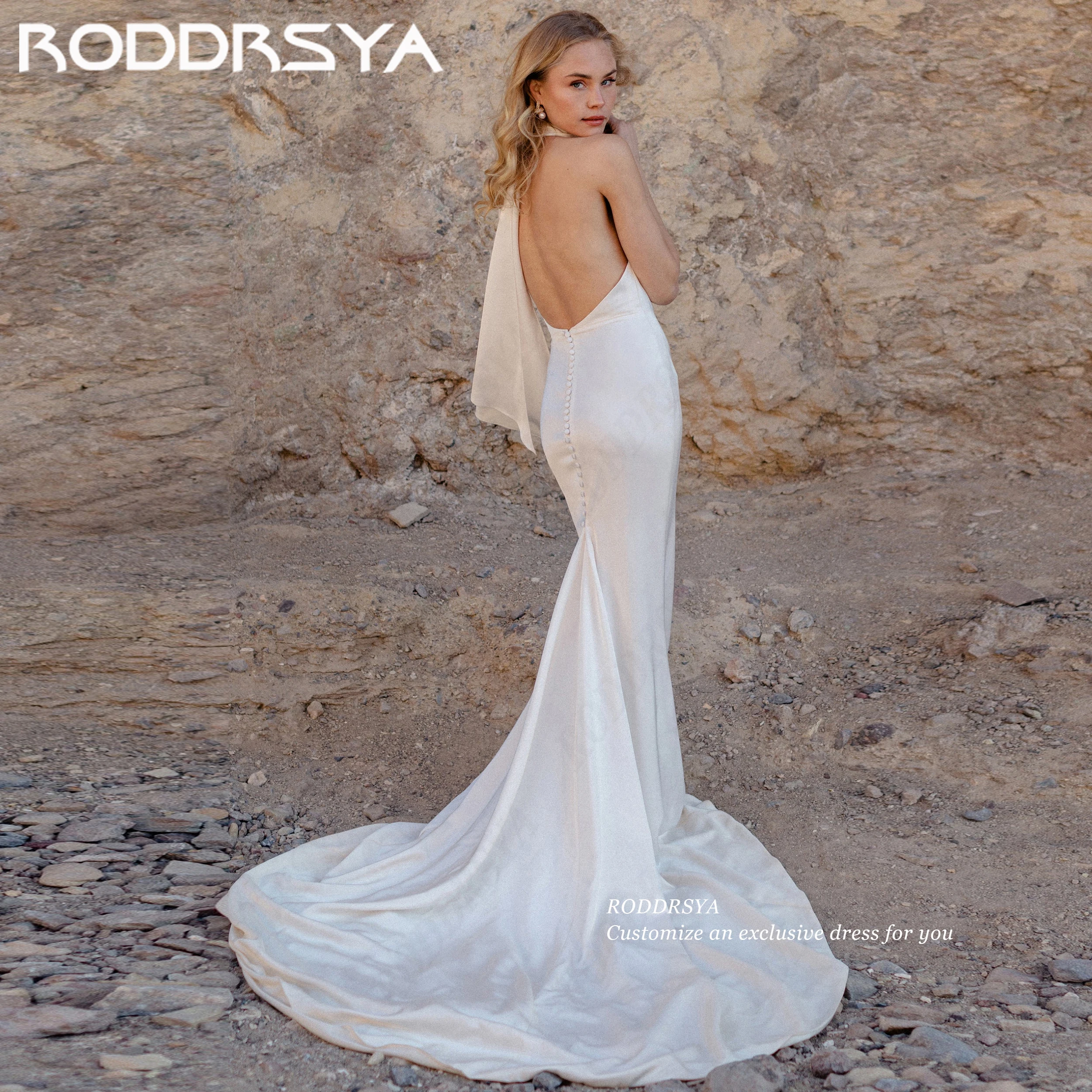 RODDRSYA Customized Chic Satin Wedding Dress Mermaid Sheath Bride Party Gown Halter Detachable Scarves Bridal Dresses For Women