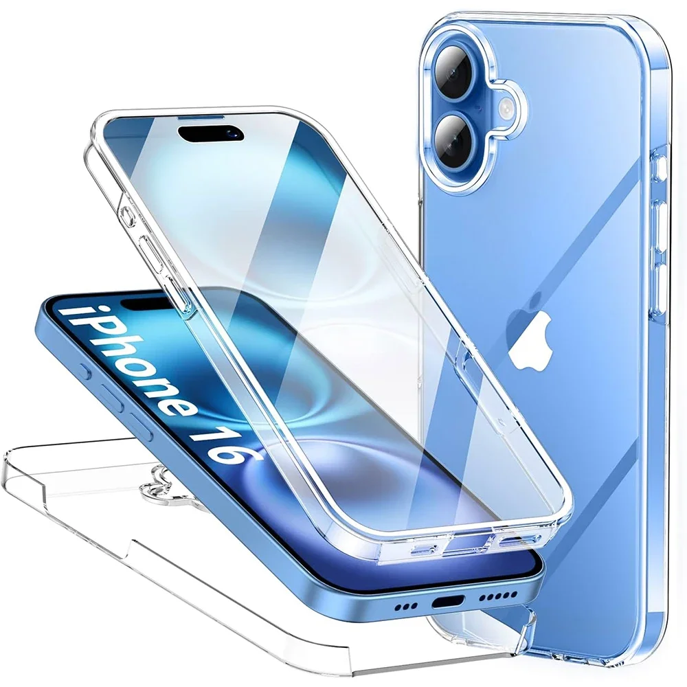 360 ° Funda protectora de cuerpo completo para iPhone 16, 15, 14, 13, 12, 11 Pro Max Plus Mini, cubierta dura transparente híbrida, carcasa suave de silicona