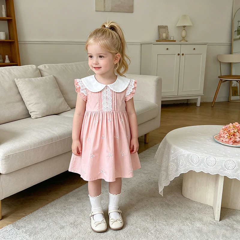 2026 Neue Sommer-Schwesterkleidung 2-6 Jahre Kinder Prinzessinnen-Kleider mit Flatterärmeln Baumwolle Stickerei Baby Geburtstagsparty-Kleid