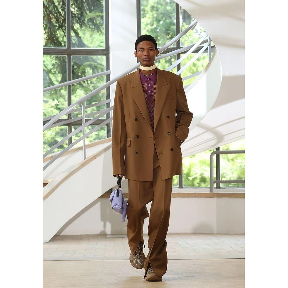 

Loose Brown Chic Double Breasted Men Suit Two Pieces(Jacket+Pants) Lapel Outfits Chic Casual Party Prom Wedding Set