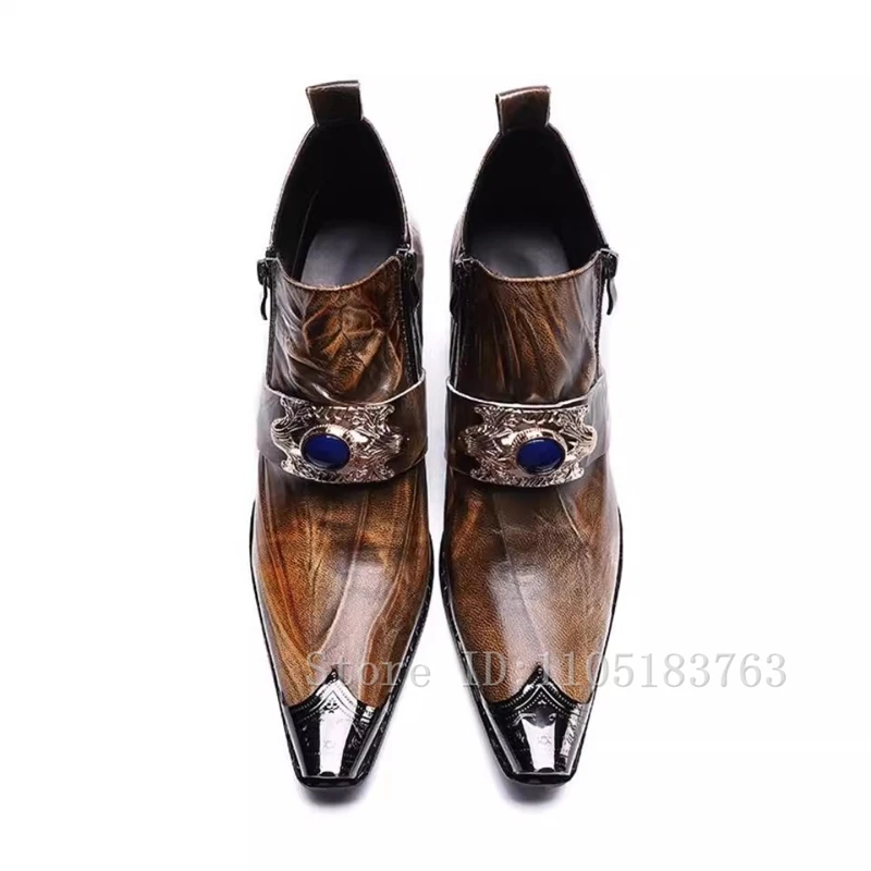 مصمم الأحجار الكريمة البنية ديكور الرجال أحذية الحفلات جلد طبيعي المعادن أشار تو حذاء من الجلد الشتاء قبعات رعاة البقر الغربية فستان الأحذية