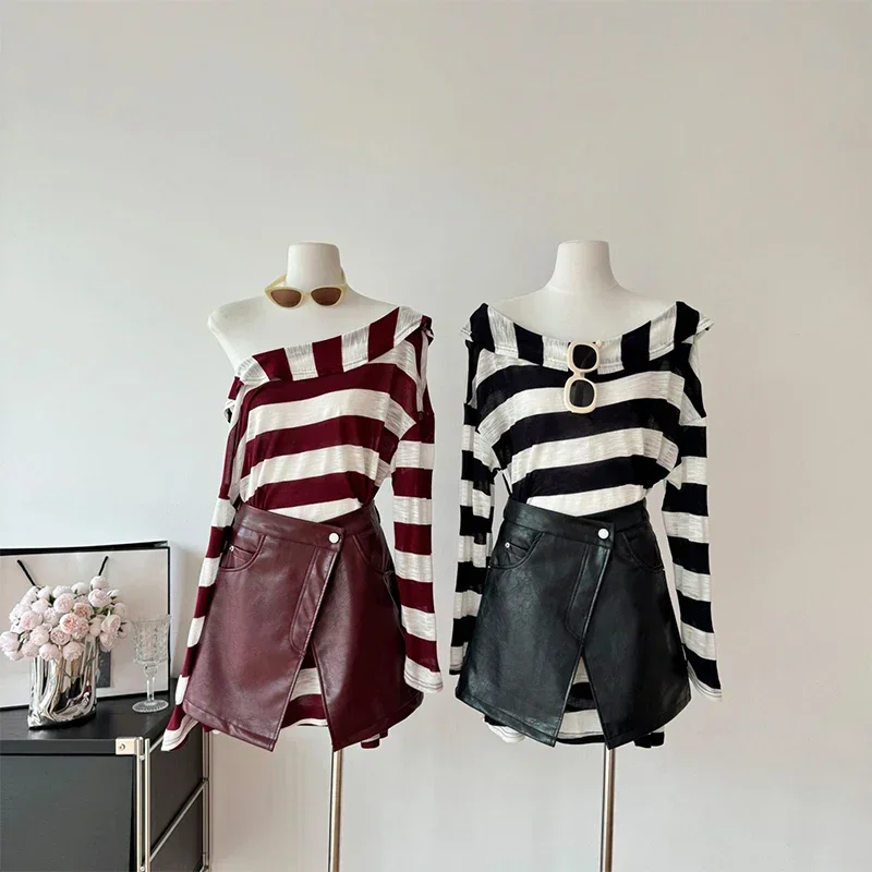 

Women's Two Piece Suit Vintage A-Line Mini Skirts and Long Sleeve Striped T-shirt Aesthetic Vintage Y2k Skirt Sets 2000s Clothes