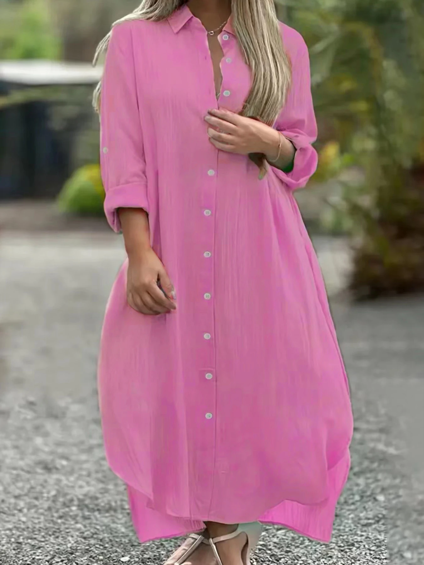 Ladies Plus-size Pink Dress Long Button Cotton Comfortable Clothes Spring and Summer Travel Wear Cardigan Robe Soirée Femme Chic