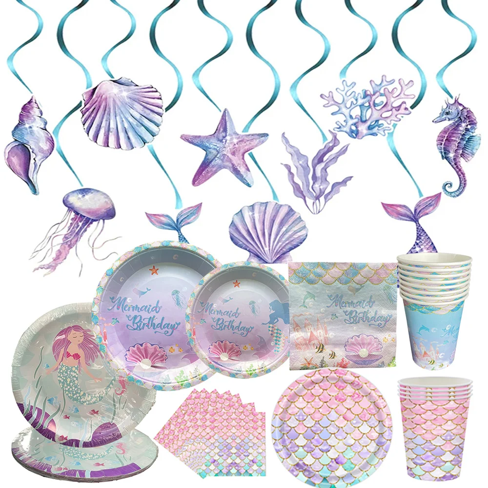 Mermaid Birthday Party Supplies Banner Hanging Swirls Mermaid Tableware  Plates Cups Napkins Cutlery Mermaid Themes Party Decor