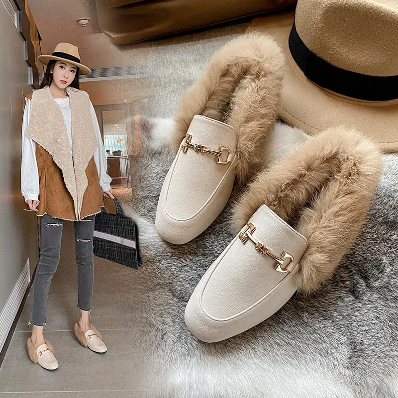 Real Wool Leather Shoes Women Wear New Fashion Women's Shoes In 2023 And Velvet Warm Flat-bottomed Rabbit Fur Leather Shoes