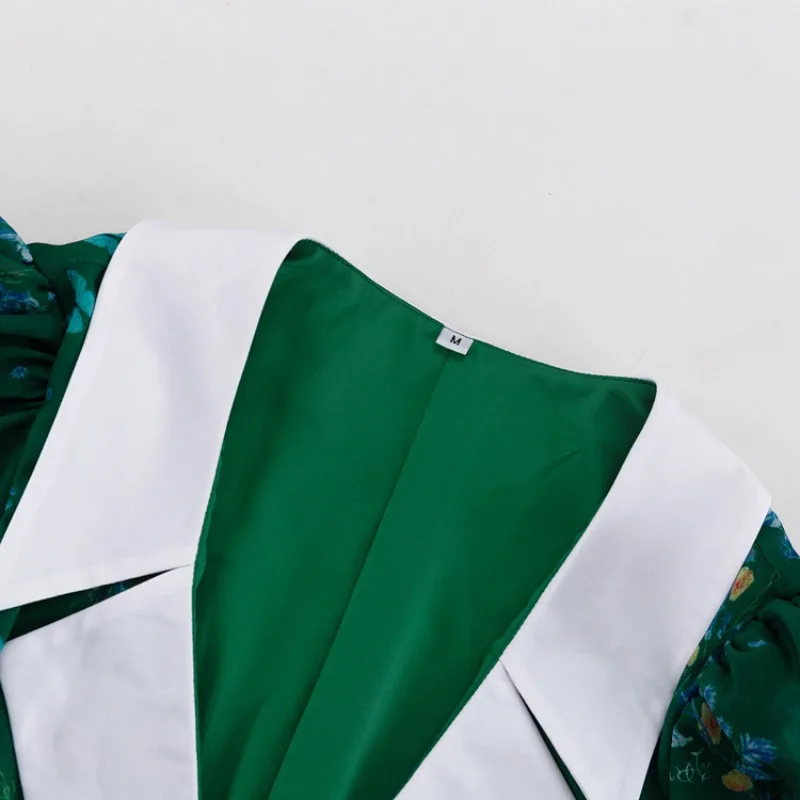 Elegantes grünes Minikleid mit Blumenmuster, Korsett, Sommer, Vintage, französischer Stil, für Damen, Puffärmel, hohe Taille, A-Linie, Chiffon-Partykleid – Detail 4
