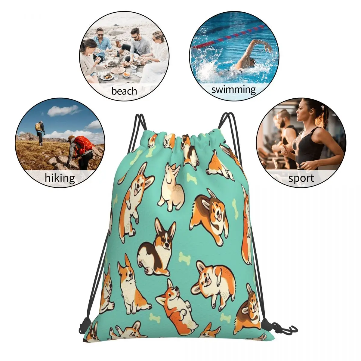 Jolly Corgis In Green Backpacks Portable Drawstring Bags Drawstring Bundle Pocket Sundries Bag Book Bags For Travel Students