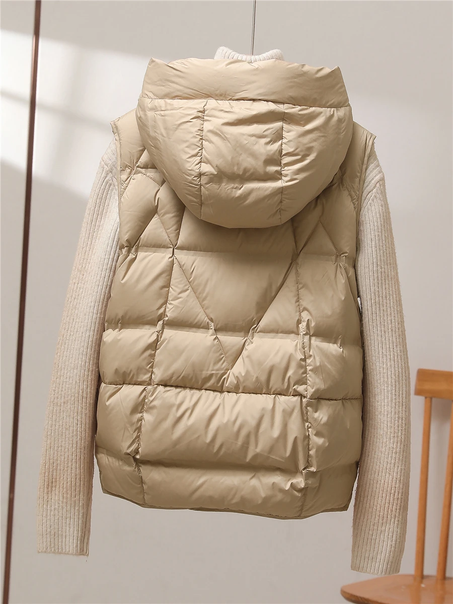 Winter Women Fashion Hooded 90% White Duck Down Ultra Light Down Vest 2024 New Arrivals Female Korean Sleeveless Warm Coat
