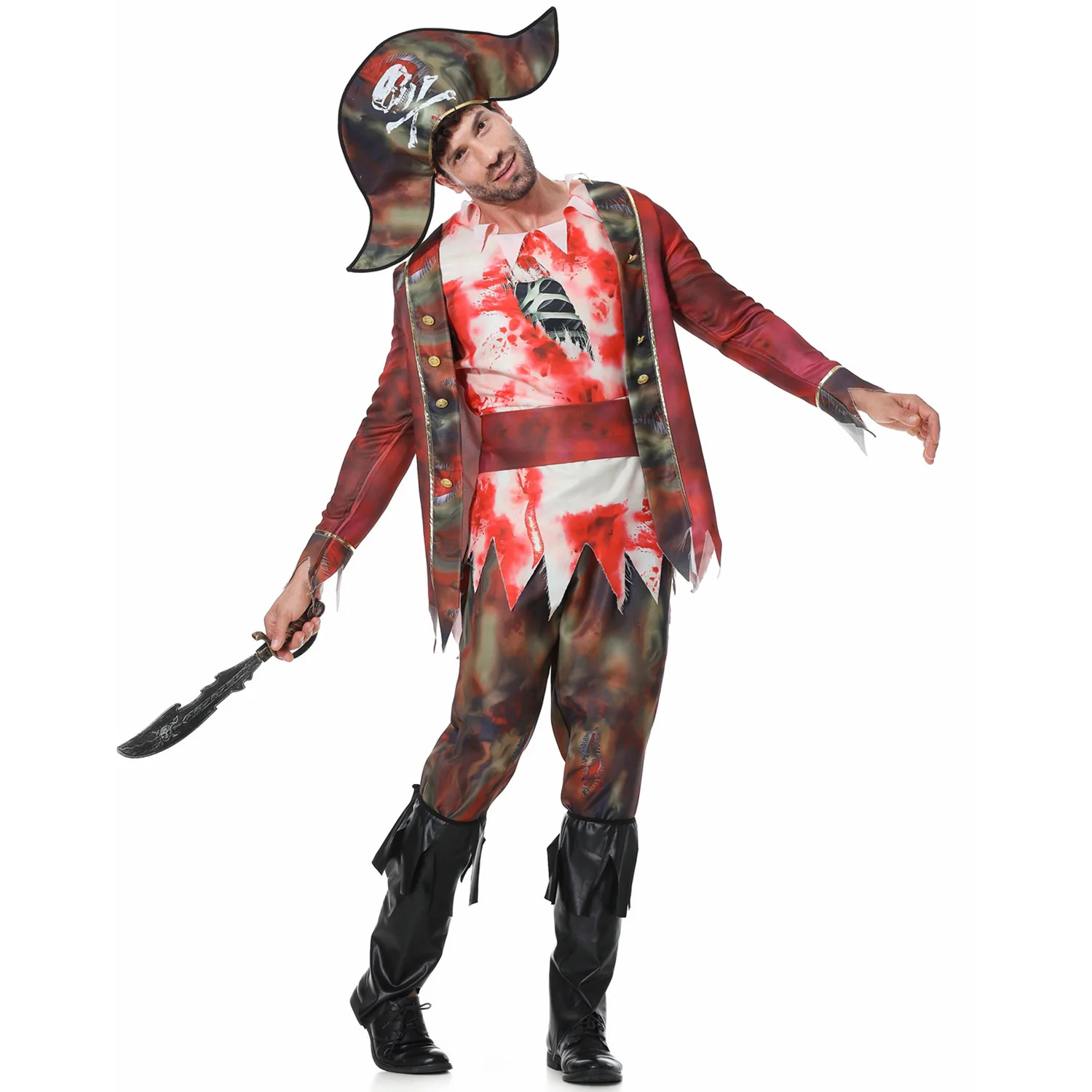 Horror Bloody Zombie Pirates Cosplay Uniform for Men Pirate King Captain Outfit Stage Show Male Halloween Dress-Up Party Costume