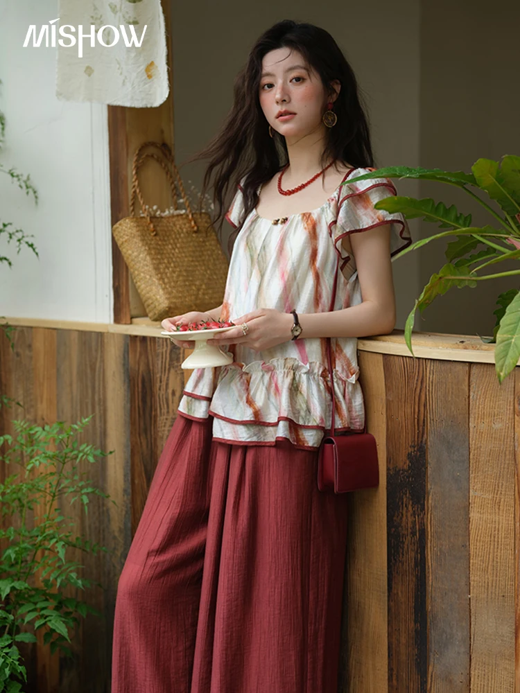 MISHOW Women's Retro Stripe Print Blouse 2025 Summer New Fashion O-Neck Butterfly Sleeve Ladies Casual Patchwork Top MXE38X1862