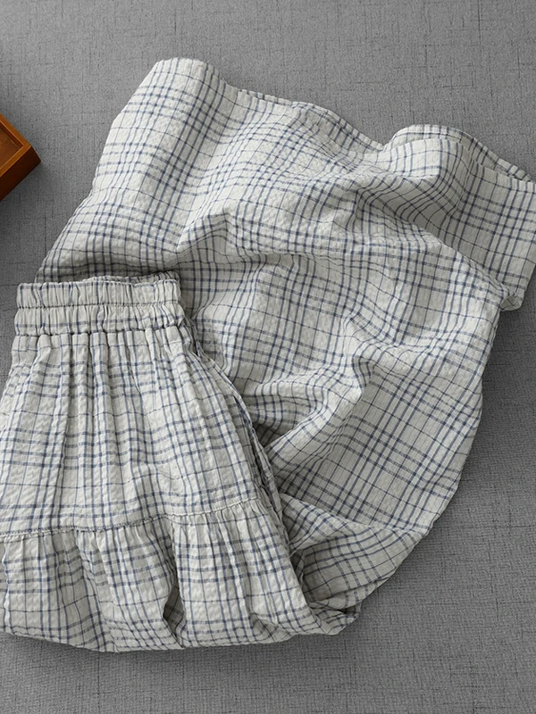

Artistic Bubble Cotton Plaid Midi Skirt Women's Patchwork f-length Skirt Light Blue White ids Mid-length A-line Skirt