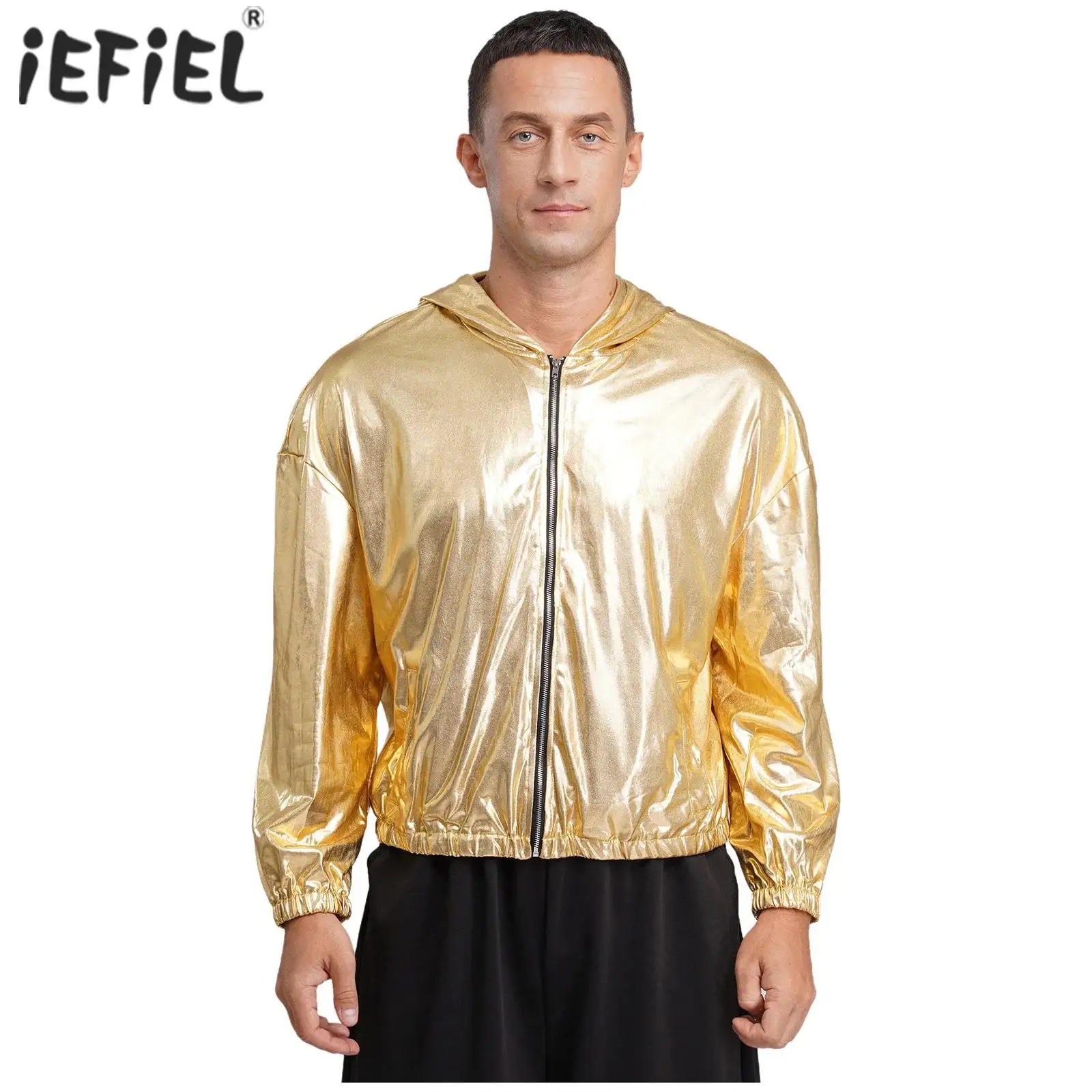 

Мужская голографическая куртка с длинным рукавом и капюшоном на молнии, пальто металлик, короткий музыкальный фестиваль, клубная вечеринка, хип-хоп, джаз, танцевальная уличная одежда