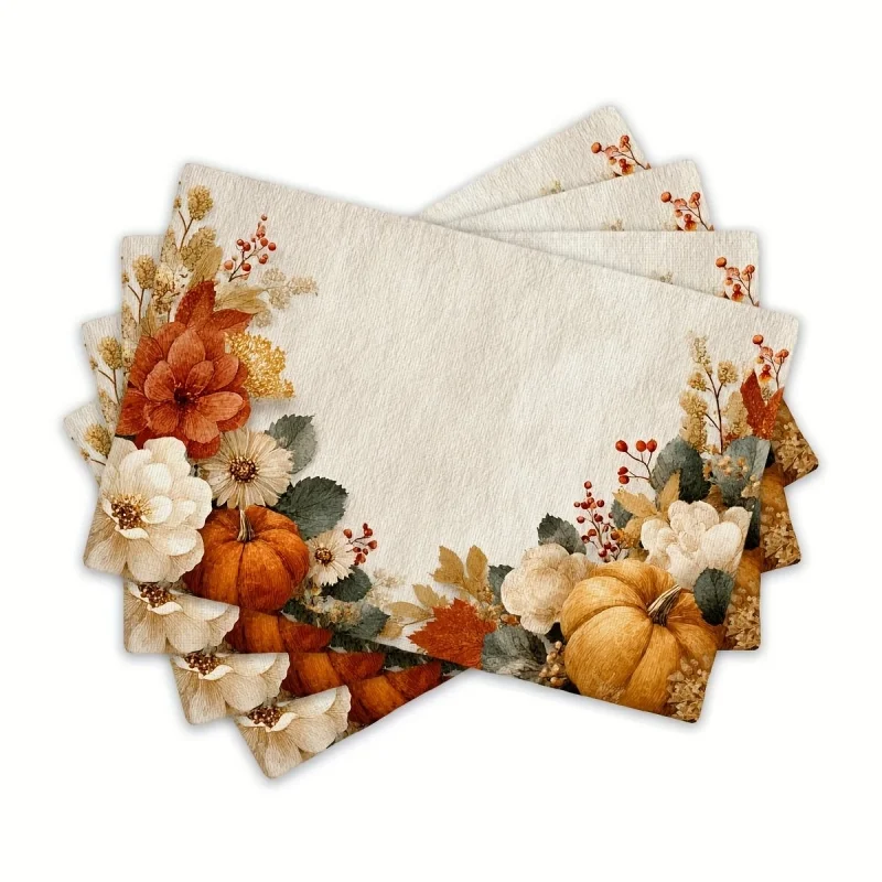 Fall Floral Pumpkin Placemats, Vintage Flower Printed Linen Table Mats, Autumn Home Table Decor