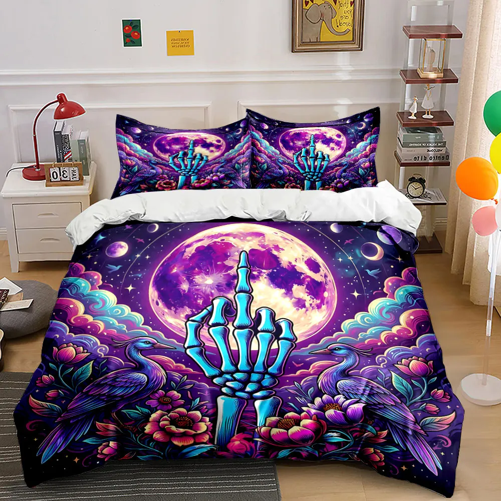 Purple night sky with skeleton hand and birds Print Bedding Set 1 Duvet Cover 2 Pillowcases for Adult and Children Luxury Gift
