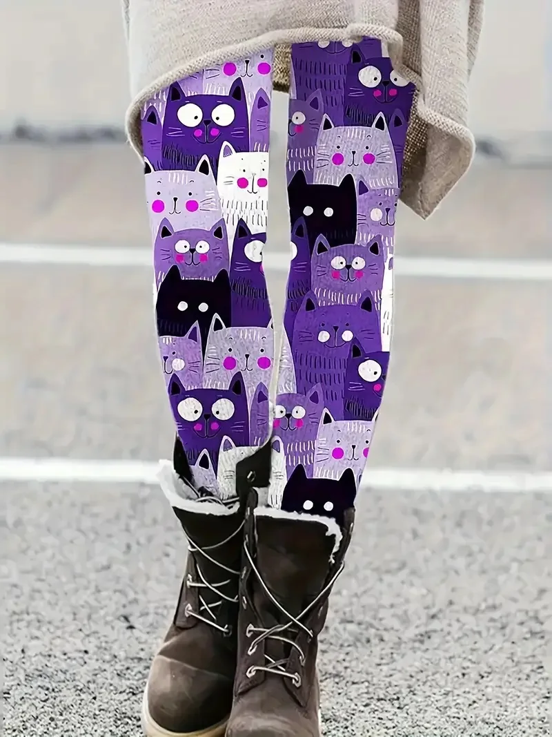 Cute crowded cat print casual stretch leggings for women