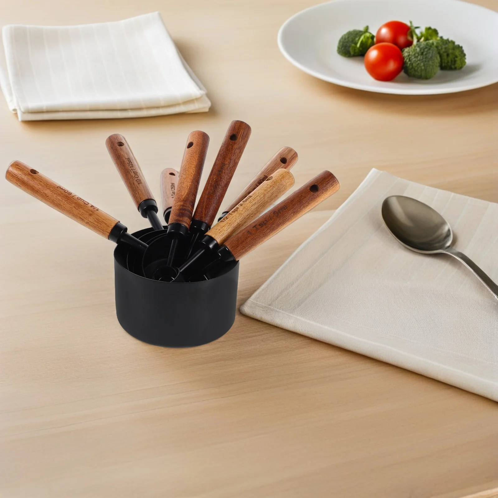

8Pcs Kitchen Measuring Cups Stainless Steel Set Wood Handle Measuring Spoons Baking Cooking Essential Tool for Precise