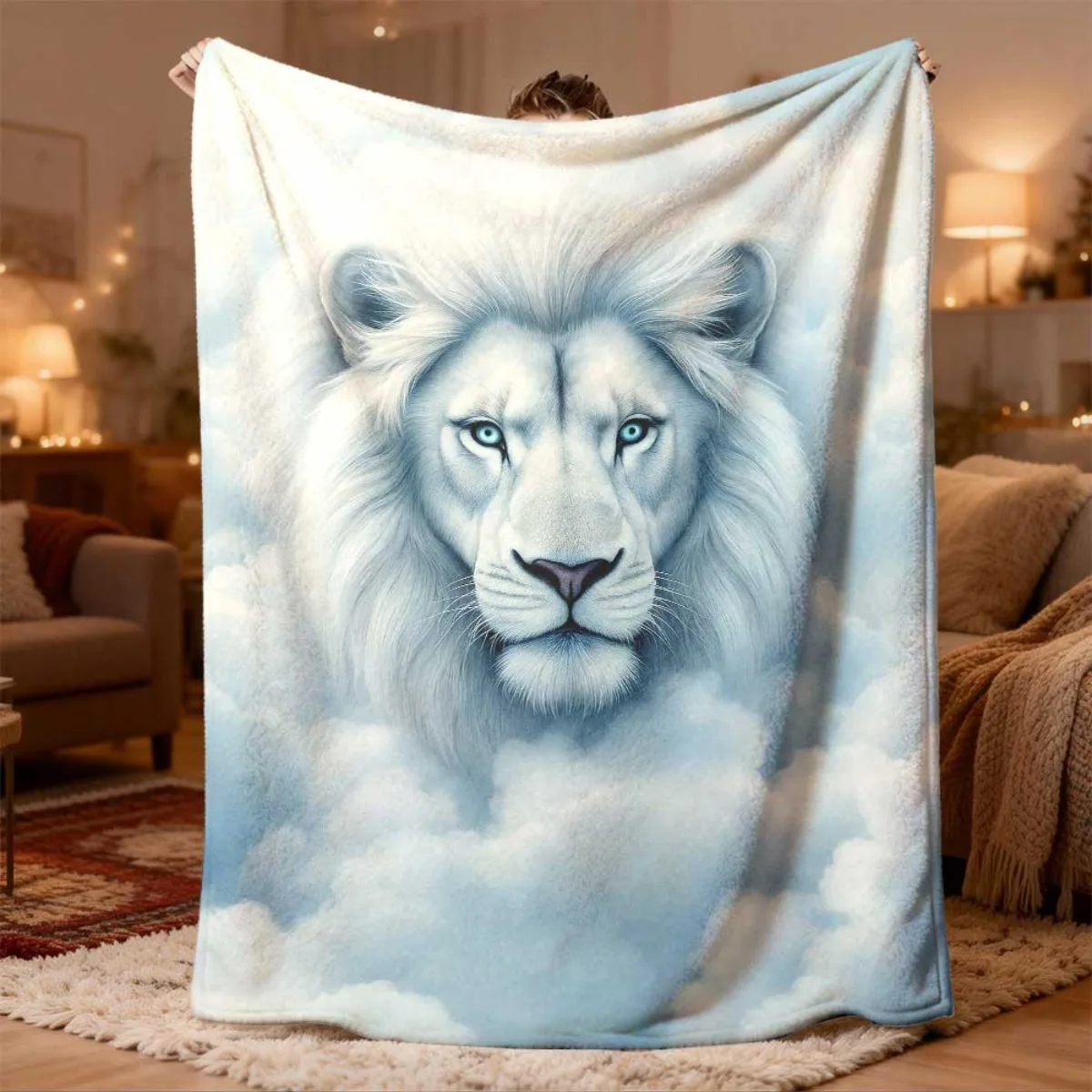 Luxurious Lion Head Throw Blanket Fleece Plush Sherpa Throw Cozy Animal Print Photography Decor Gift for Home Living Room Bed