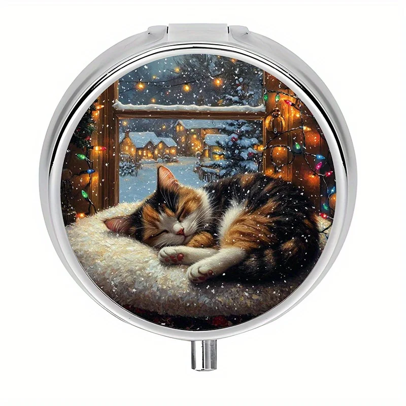 Single-piece, flat, round three-compartment pill box, featuring a Christmas cat scene circular pattern design, medicine storage box, portable travel pill box, gentle and soft, can be used as an exquisite gift, made of durable metal and plastic