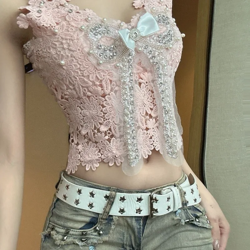 Miiiix Summer Sexy Socialite Heavy Industry Sequin Pearl Studded Vest Hook Flower Bow Lace Sweet Short Top Female Clothing