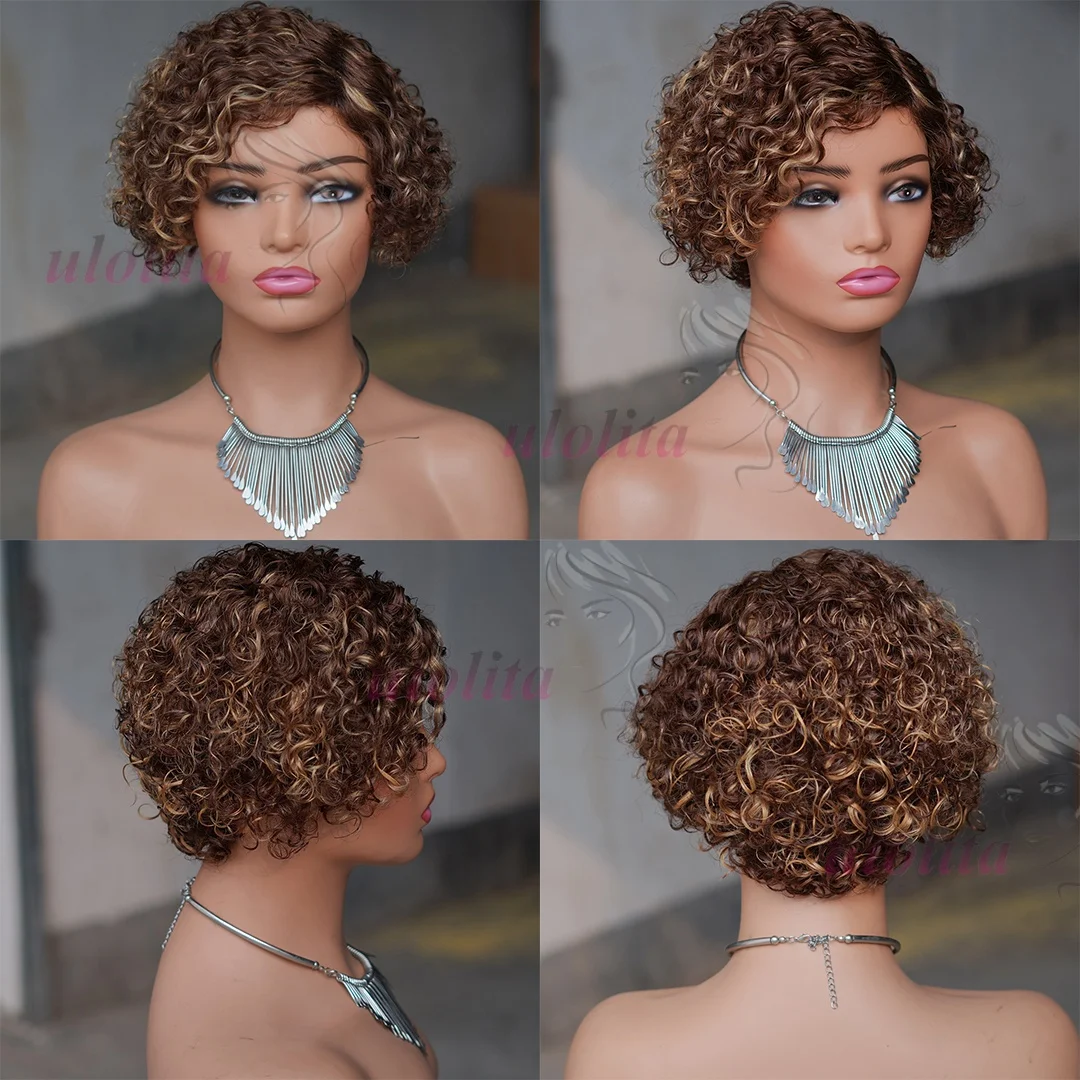 Ombre Blonde T1B27 Pixie Cut Kurzer Lockiger Bob Seitenscheitel Ohne Lace Front 100% Echthaar Perücken Brasilianisches Remy Haar Gefärbte Alltagsperücken – Detail 10