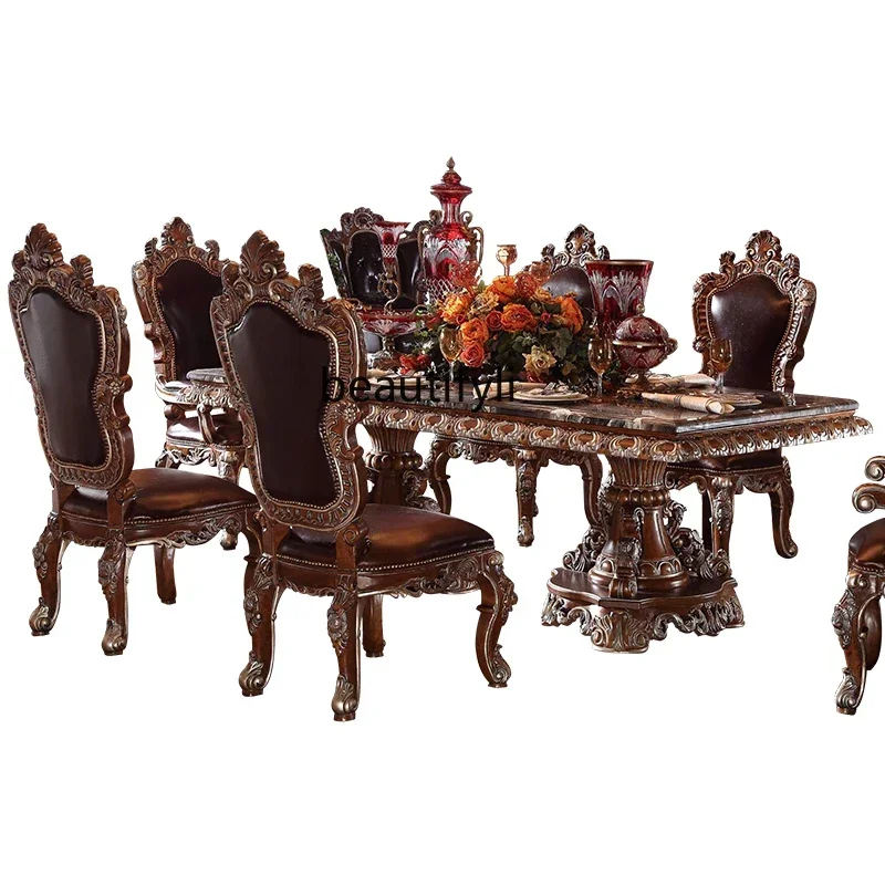 

European pure solid wood marble dining table American retro solid wood dining room furniture old square dining table