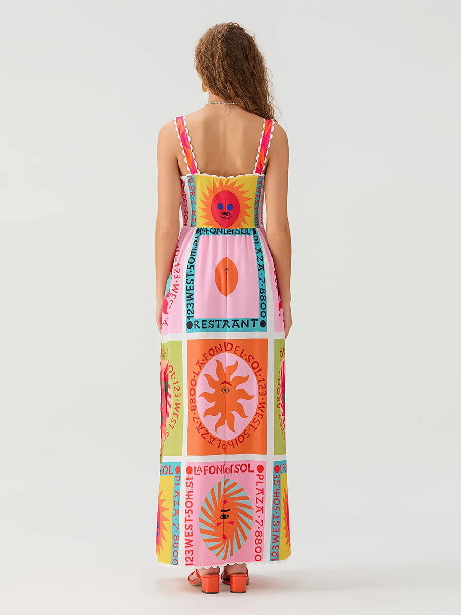 Vestido de Cami sem mangas com grafite feminino, gráfico, balanço de uma linha, vestido longo, férias de praia