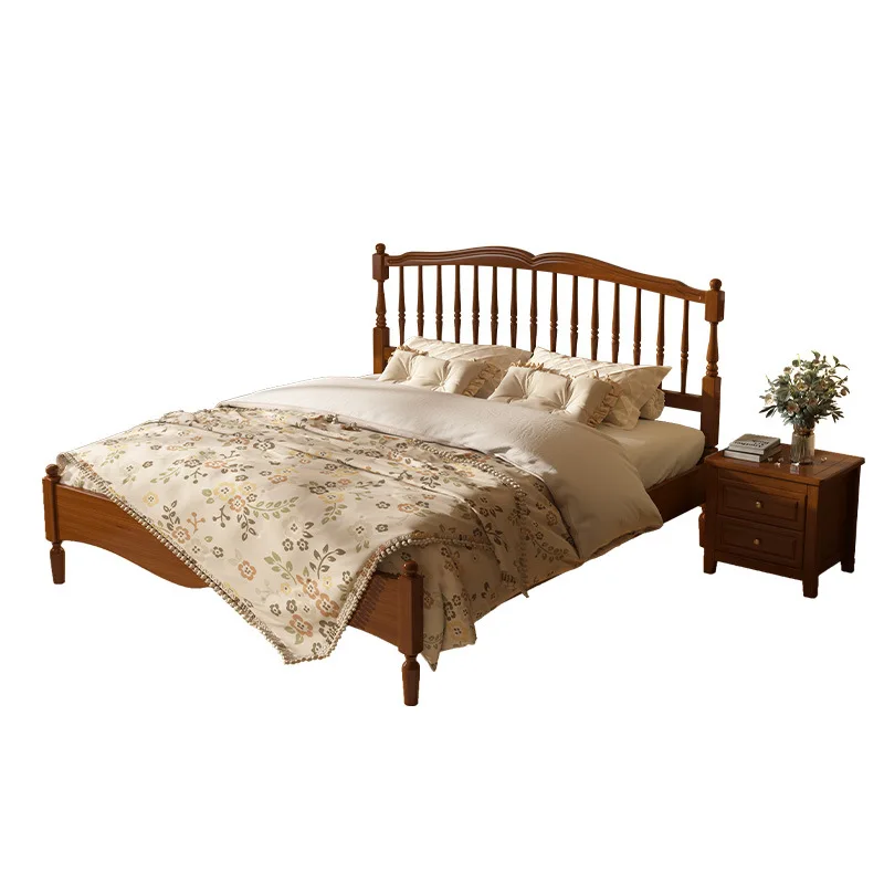 French bed retro bed antique solid wood bed Nordic pure solid wood all solid wood walnut color temperature double 1.8m low box