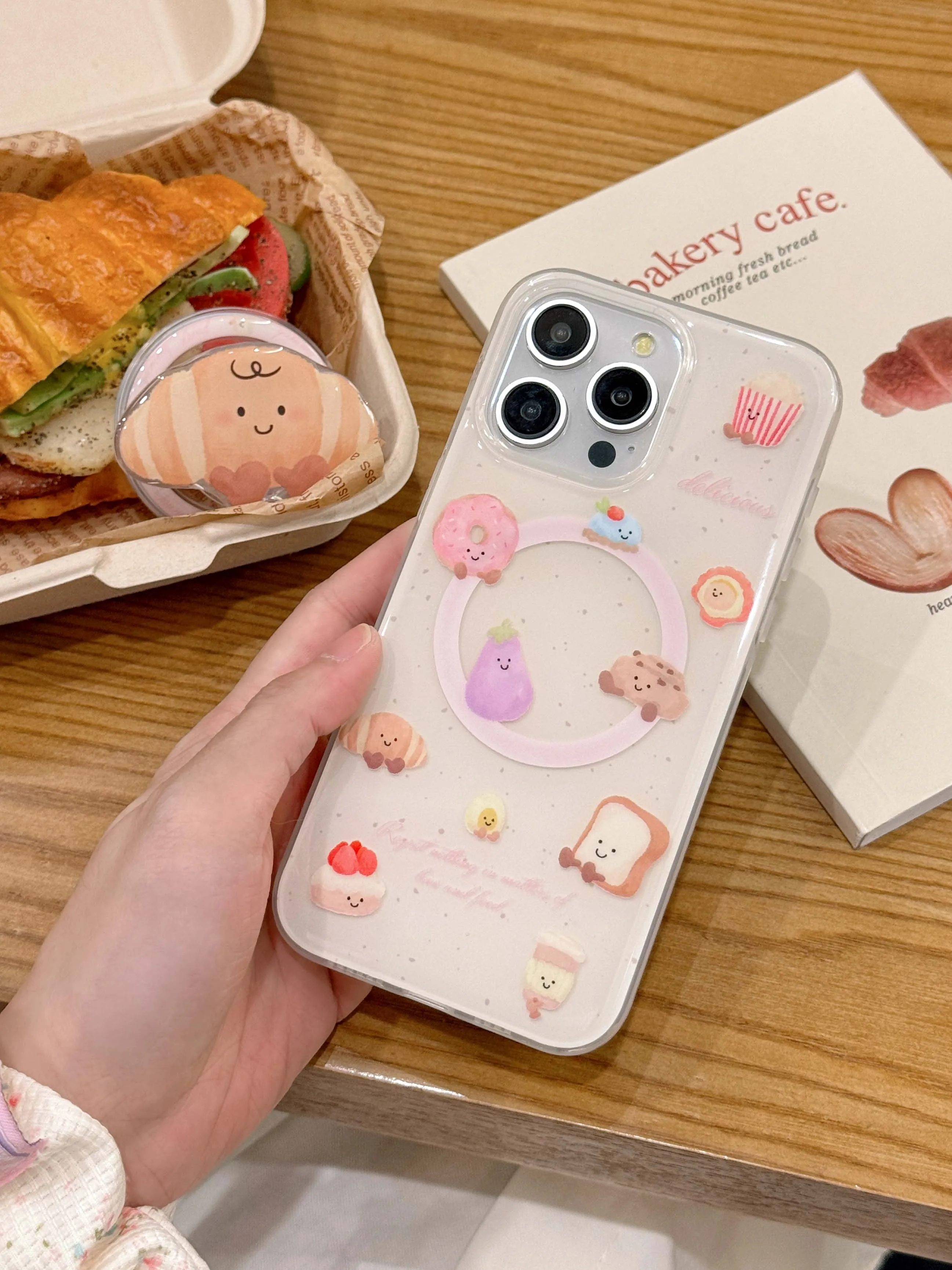 Cute Cartoon Croissant Stand Holder Cover For Iphone 15Pro 13 14 15promax 16 15 Pro Max 13ProMax 14Pro Magnetic Bread Phone Case