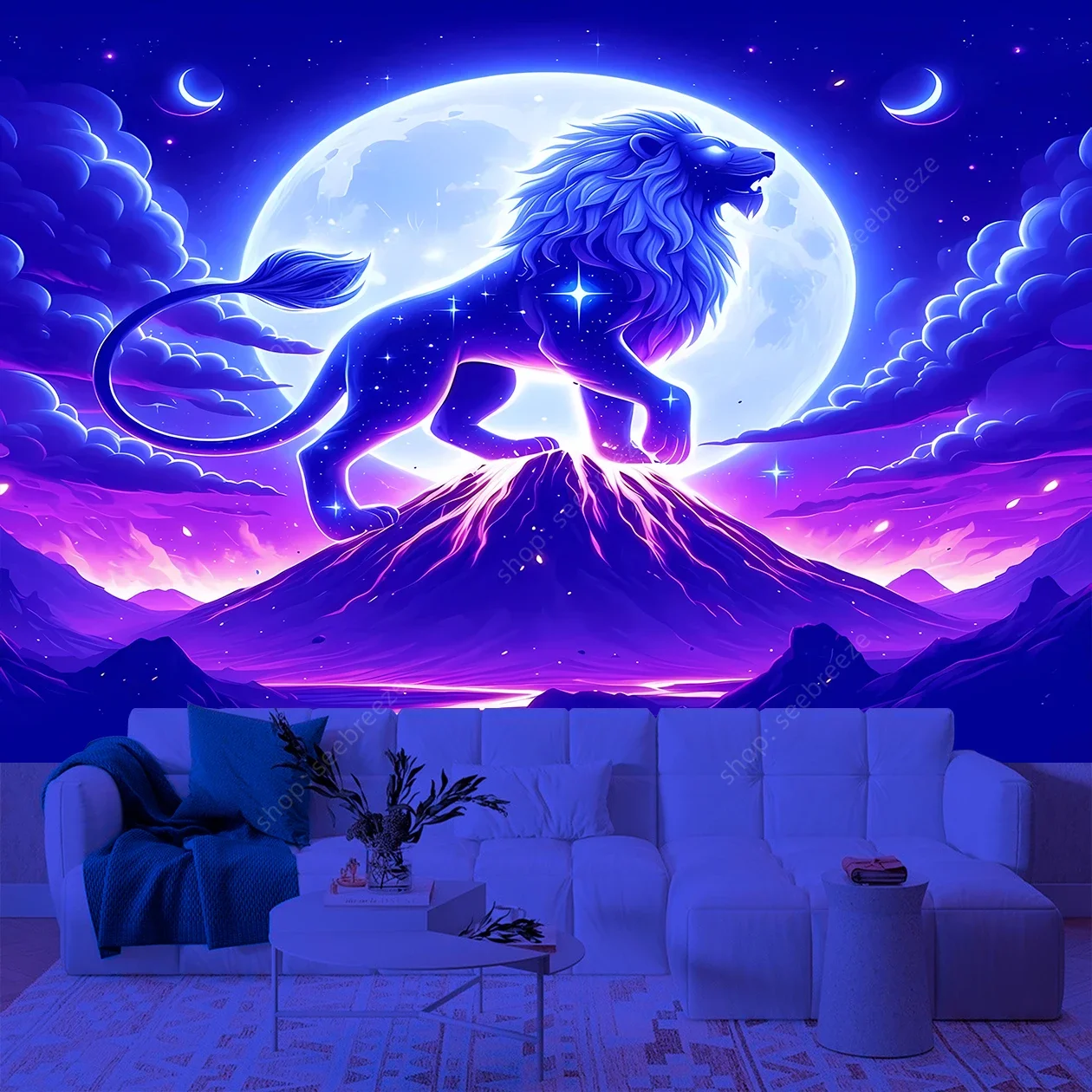 Psychedelic Animal Tapestry Cool Lion UV Reactive Tapestry Wall Hanging for Hippie Kawaii Room Decor Beach Towel Gift for Friend