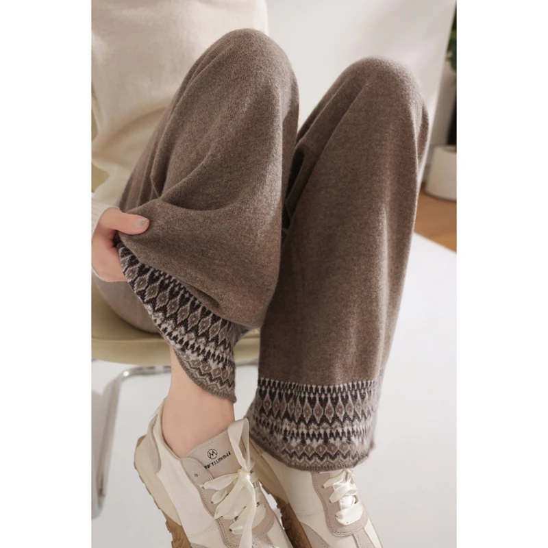 Pantalon en cachemire épais pour femme, jambes larges, décontracté, ample, torsadé, fleur, 100% laine mérinos, tricot populaire, automne et hiver