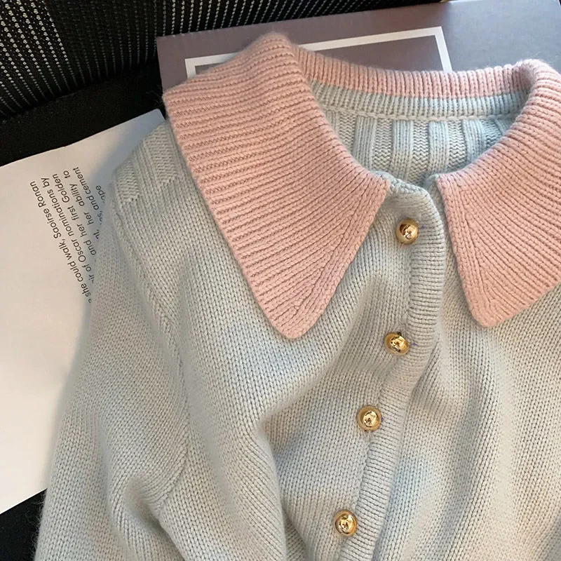 DAYIFUN-Women's Peter Pan Collar Knitted Cardigans Sweet Sweaters Korean Chic Single Breasted Patchwork Top Spring Autumn Jumper