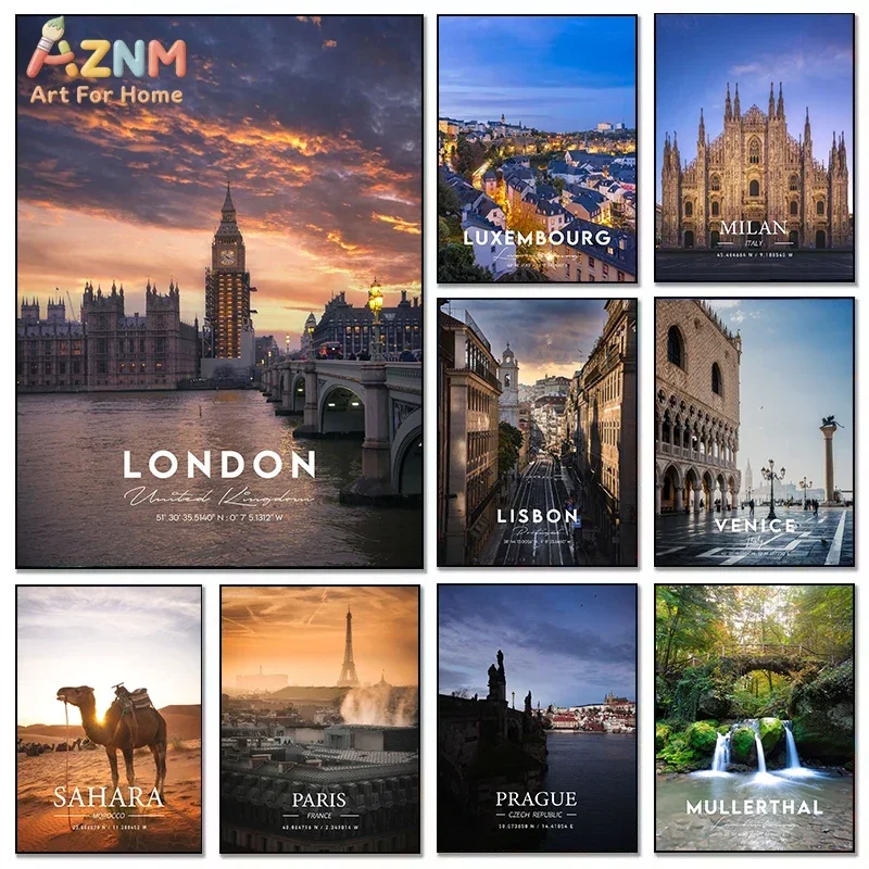 AZNM World Famous City Landmark Sunset Landscape Frameless Canvas Poster Global Travel Themed Home Living Room Wall Art Decor