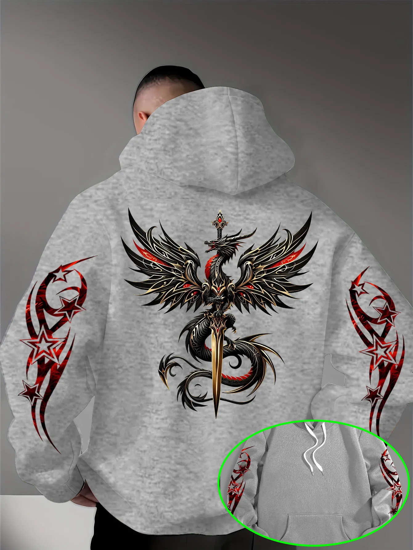 Herren Gothic Drachenschwert Hoodie Rot-Gold Drachen-Grafik Schwarzer Streetwear Pullover Sweatshirt Hip-Hop Sport Casual Top – Detail 4