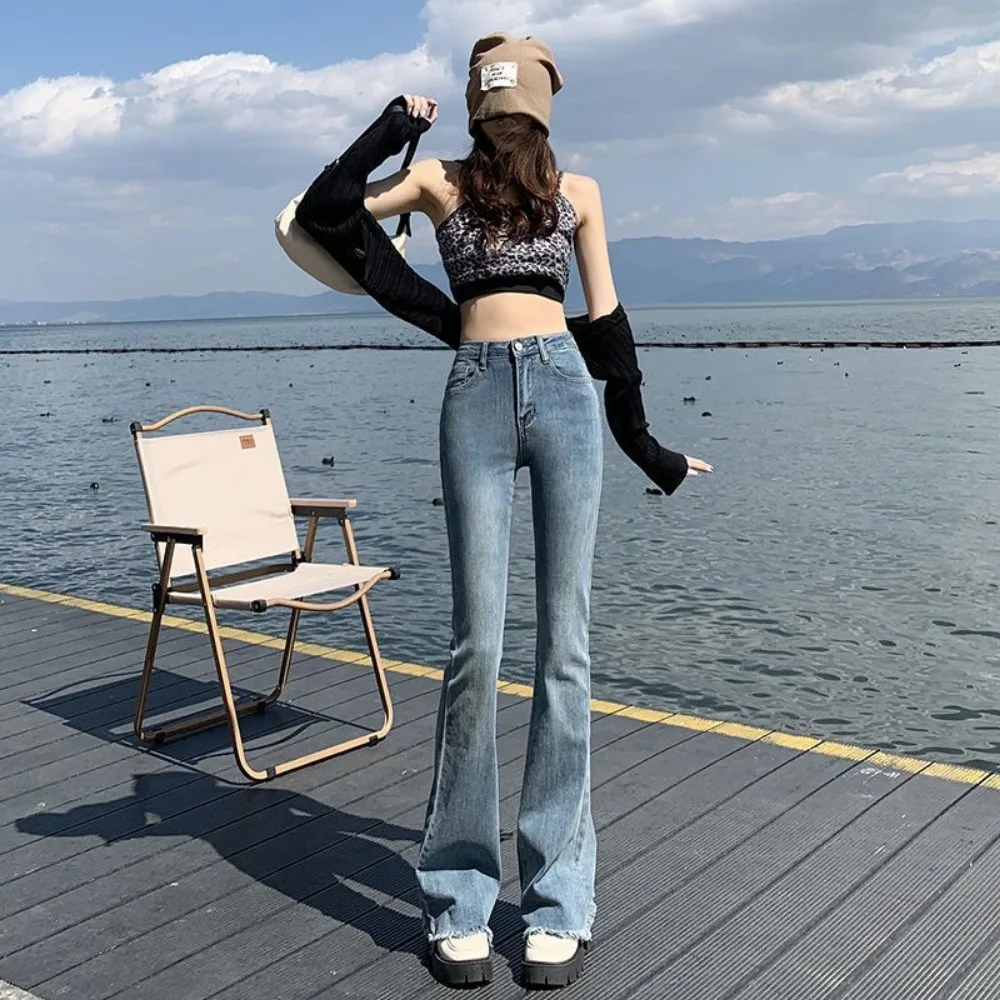 Invisible Open Crotch Outdoor Sex Elastic High Waisted Flared Jeans Slim Fit Women\'s Retro Micro Flared Pants